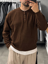 Erkek Kahve Henley Yaka Boxy Fit Triko Sweatshirt