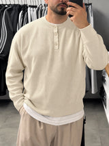 Erkek Krem Henley Yaka Boxy Fit Triko Sweatshirt