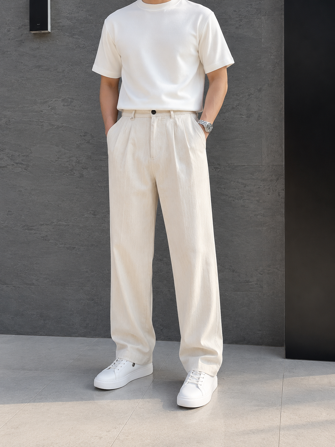Erkek Baggy Fit Keten Krem Pantolon