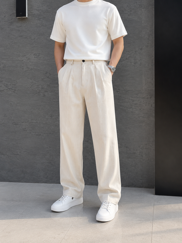 Erkek Baggy Fit Keten Krem Pantolon