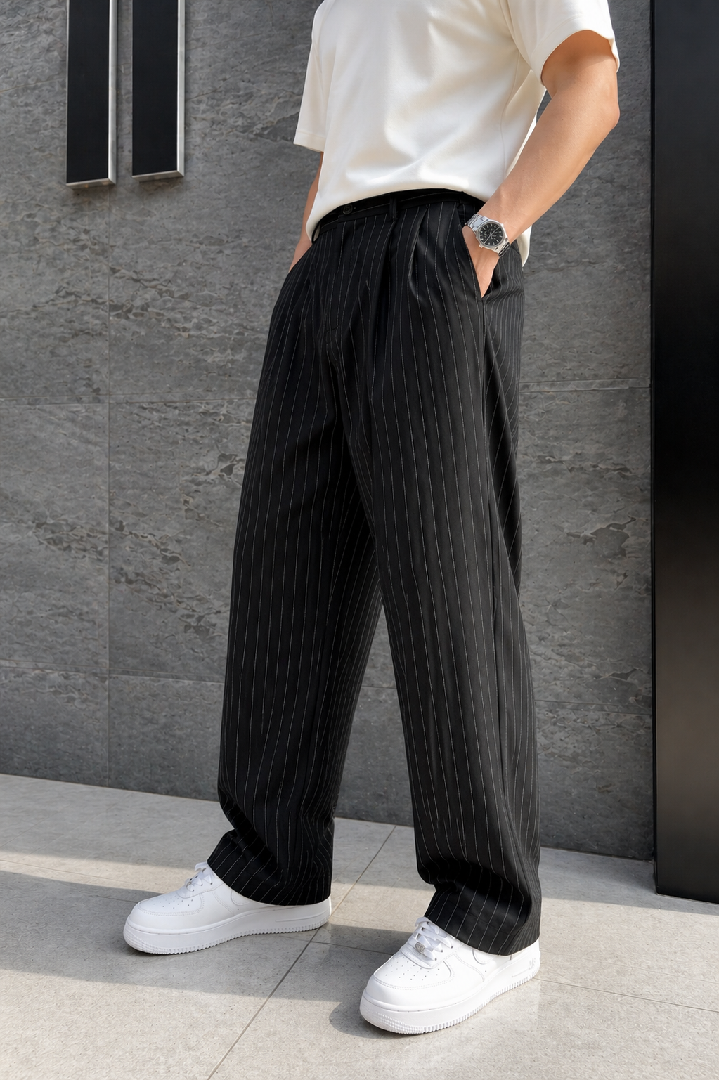 Erkek Baggy Fit Çizgili Siyah Kumaş Pantolon