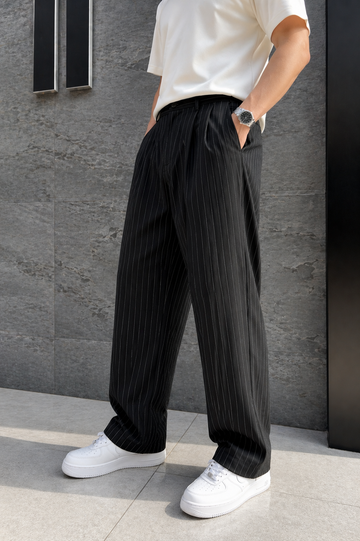 Erkek Baggy Fit Çizgili Siyah Kumaş Pantolon