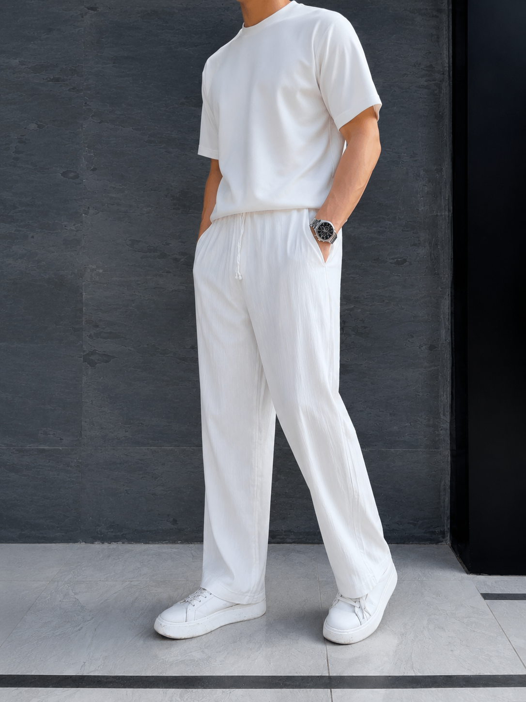 Erkek Keten Baggy Pantolon Modeli – Rahat Kalıp Beyaz