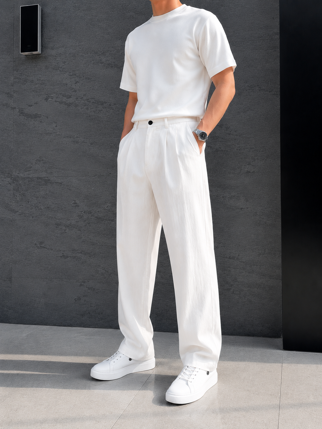 Erkek Baggy Fit Keten Beyaz Pantolon