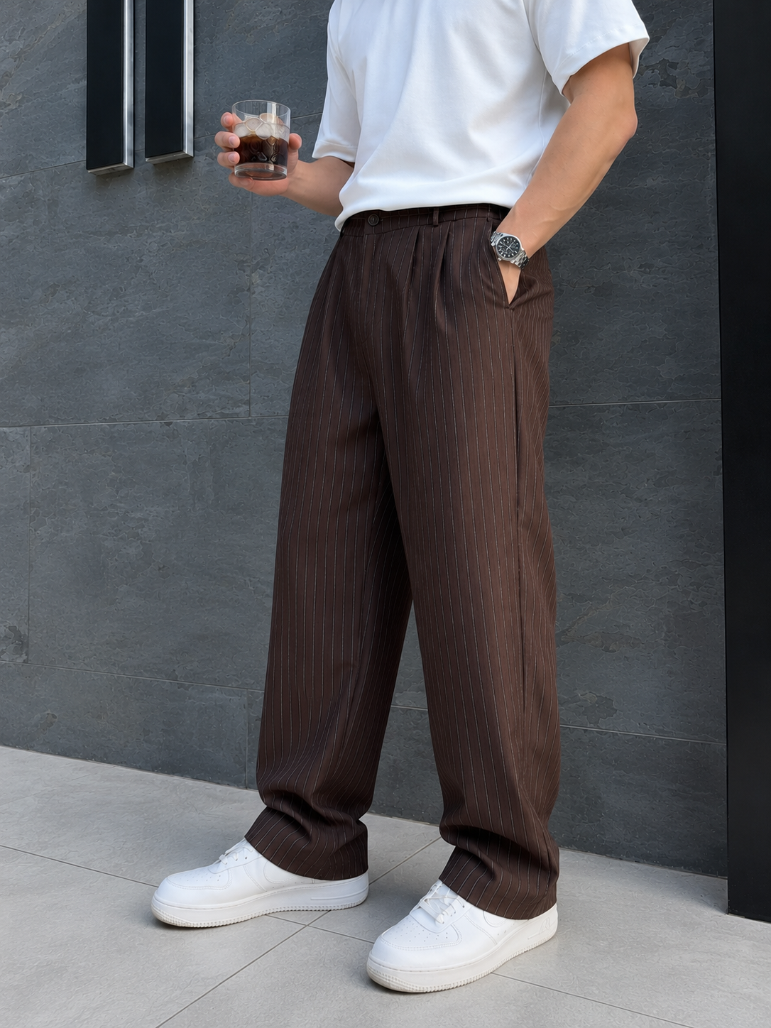 Erkek Baggy Fit Çizgili Kahve Kumaş Pantolon