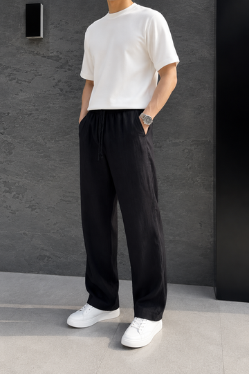 Erkek Keten Baggy Pantolon Modeli – Rahat Kalıp Siyah
