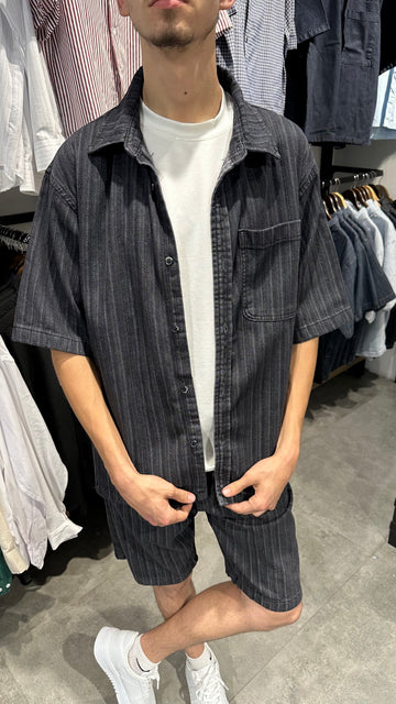 Erkek Oversize Çizgili Denim Gömlek Şort Takım - Siyah