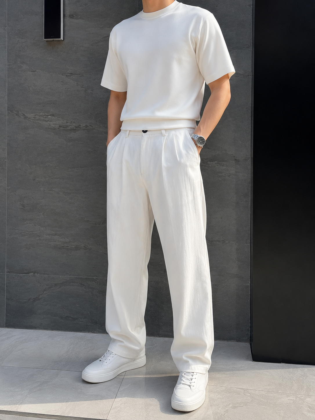 Erkek Baggy Fit Keten Beyaz Pantolon