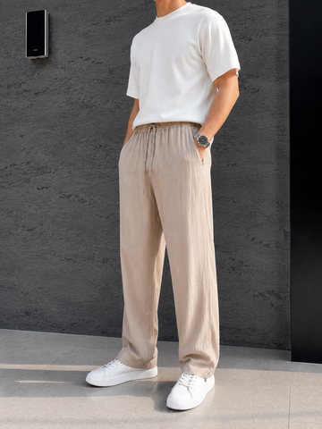 Erkek Keten Baggy Pantolon Modeli – Rahat Kalıp Vizon