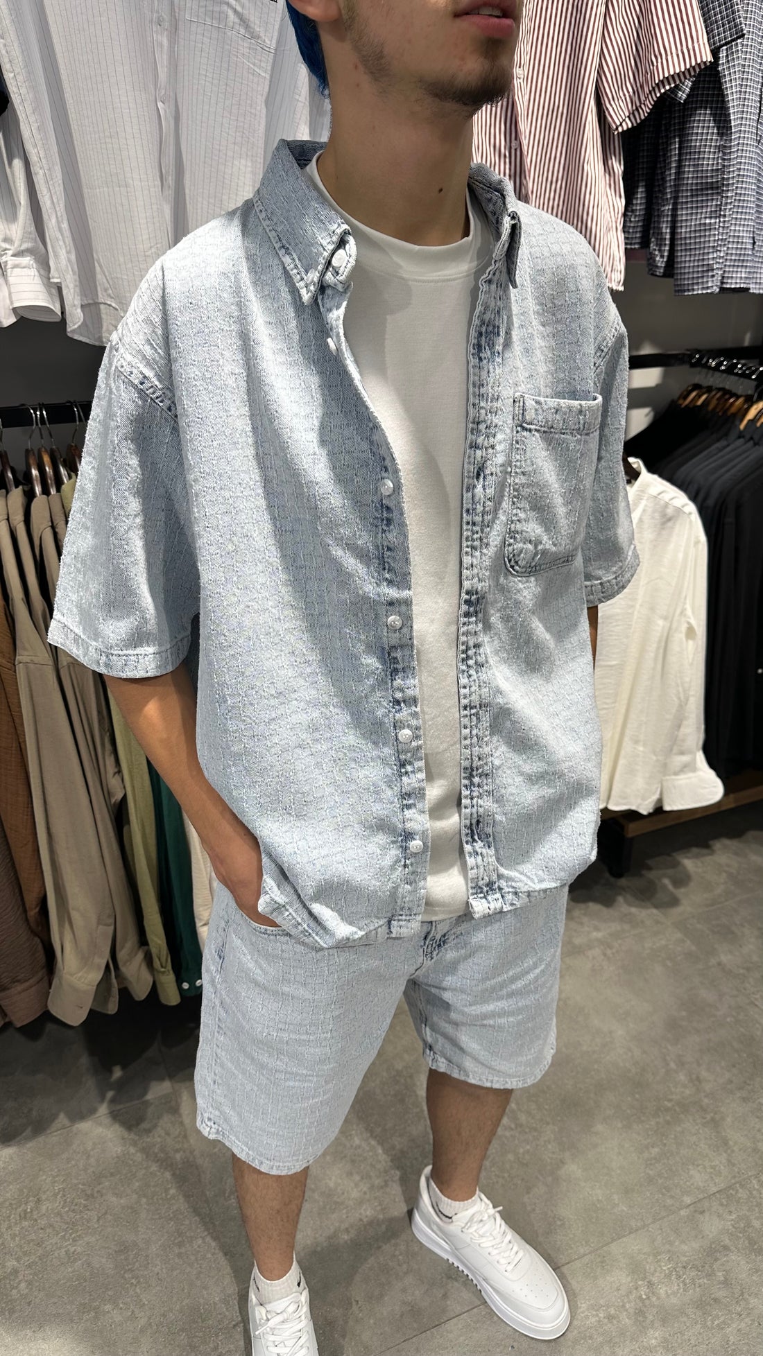Erkek Oversize Çizgili Denim Gömlek Şort Takım - Buz Mavi