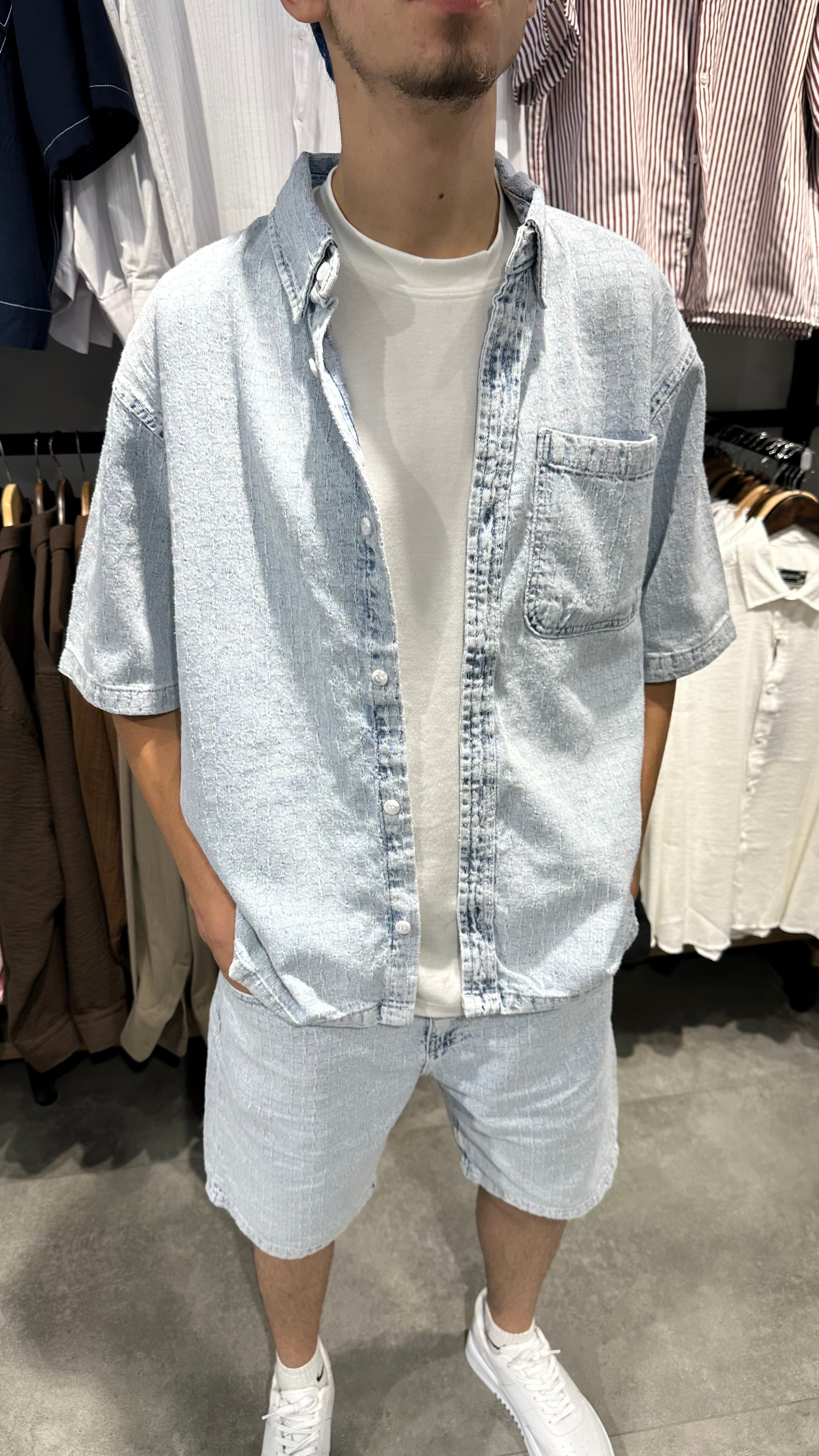 Erkek Oversize Çizgili Denim Gömlek Şort Takım - Buz Mavi