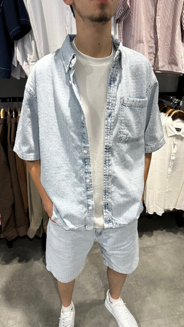 Erkek Oversize Çizgili Denim Gömlek Şort Takım - Buz Mavi