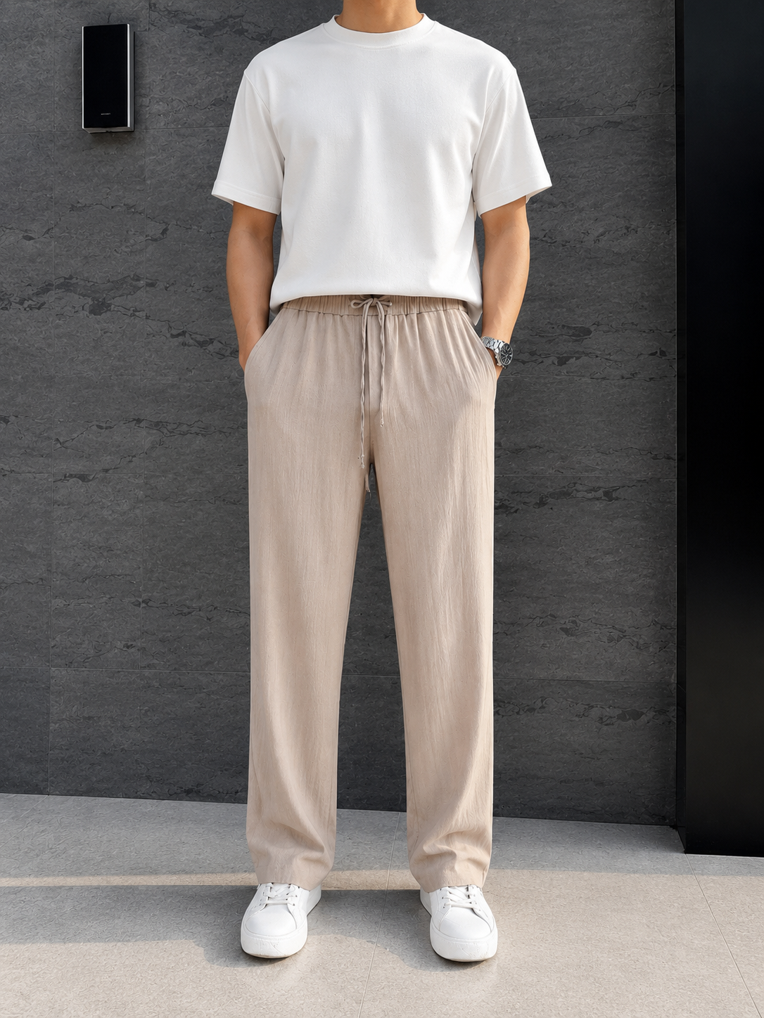 Erkek Keten Baggy Pantolon Modeli – Rahat Kalıp Vizon