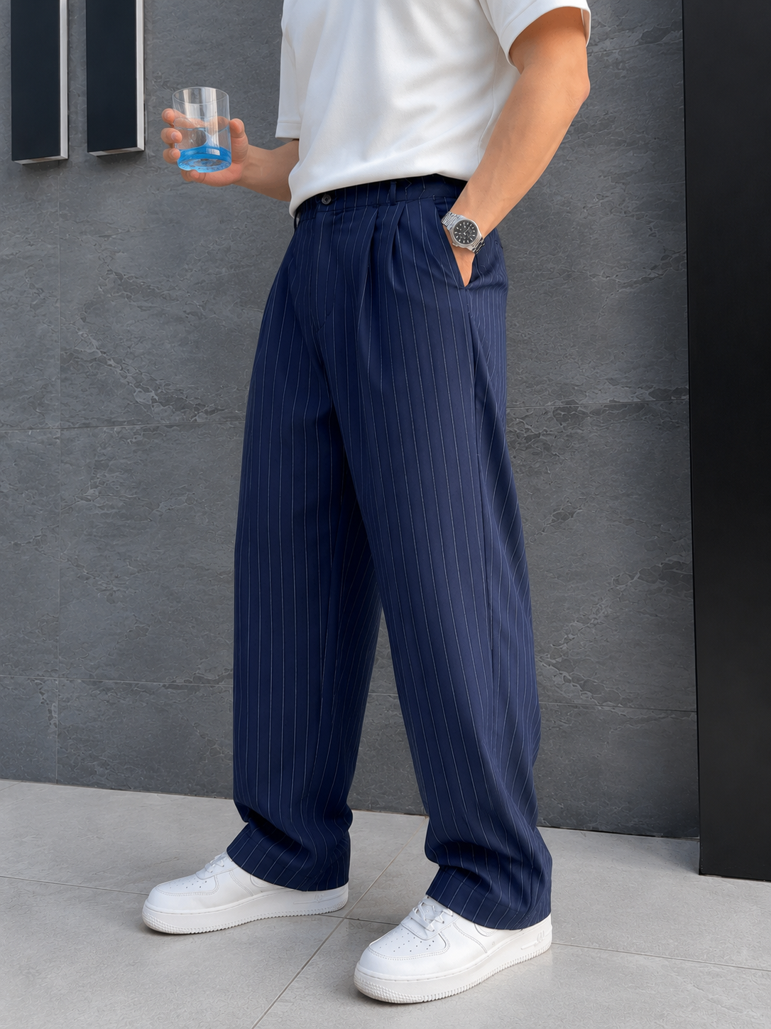Erkek Baggy Fit Çizgili Lacivert Kumaş Pantolon