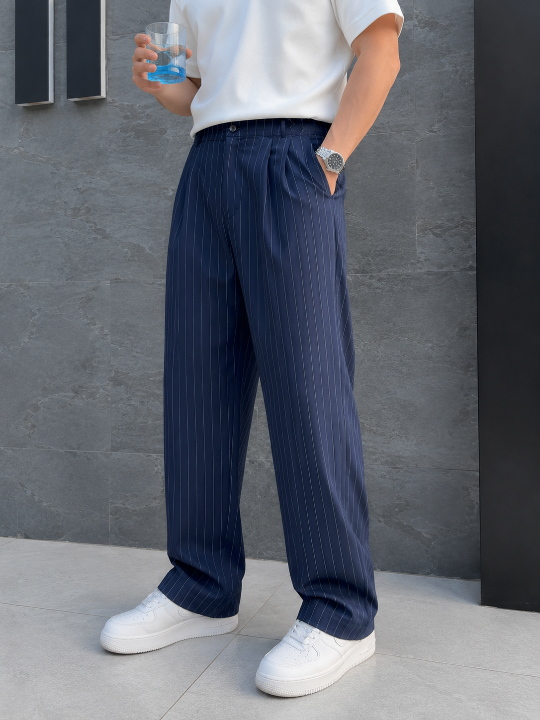 Erkek Baggy Fit Çizgili Lacivert Kumaş Pantolon