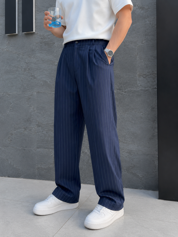 Erkek Baggy Fit Çizgili Lacivert Kumaş Pantolon