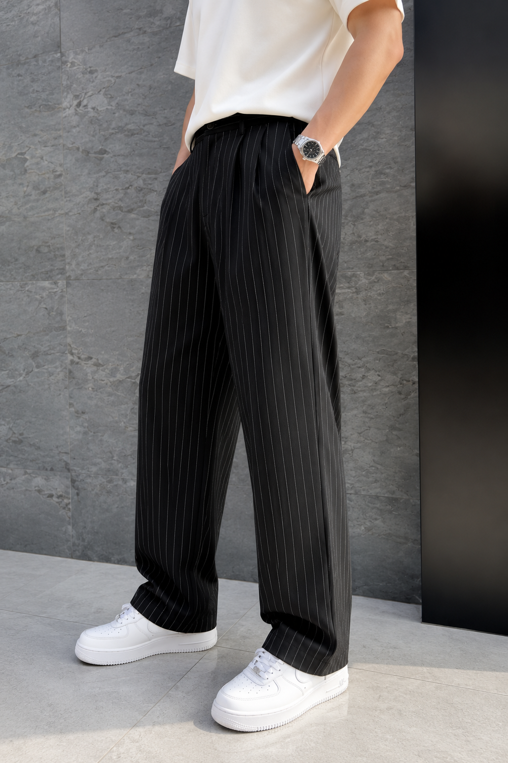 Erkek Baggy Fit Çizgili Siyah Kumaş Pantolon
