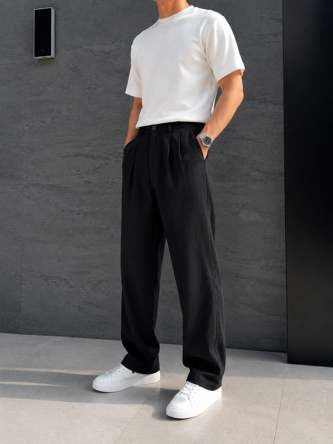 Erkek Baggy Fit Keten Siyah Pantolon