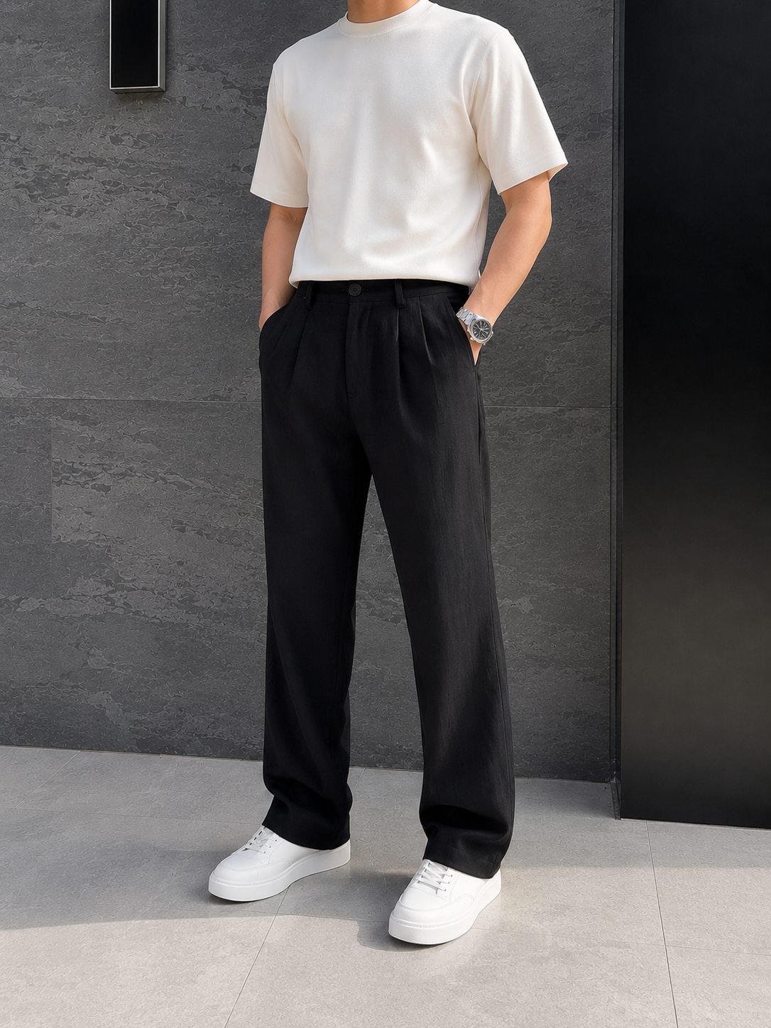 Erkek Baggy Fit Keten Siyah Pantolon