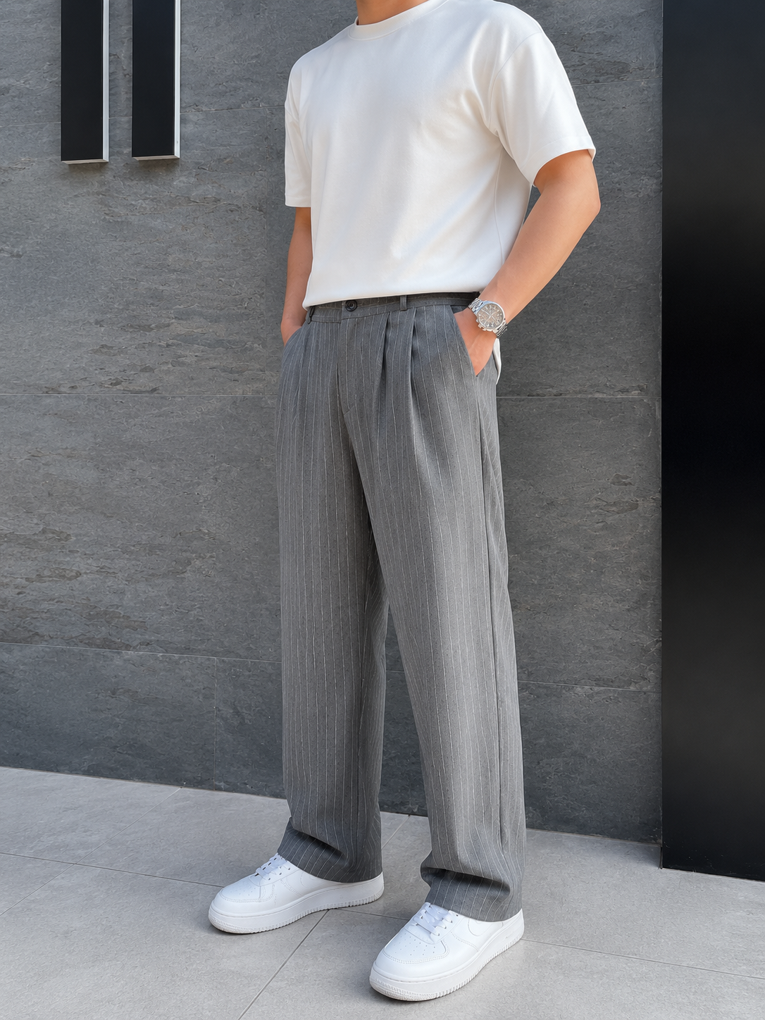 Erkek Baggy Fit Çizgili Gri Kumaş Pantolon