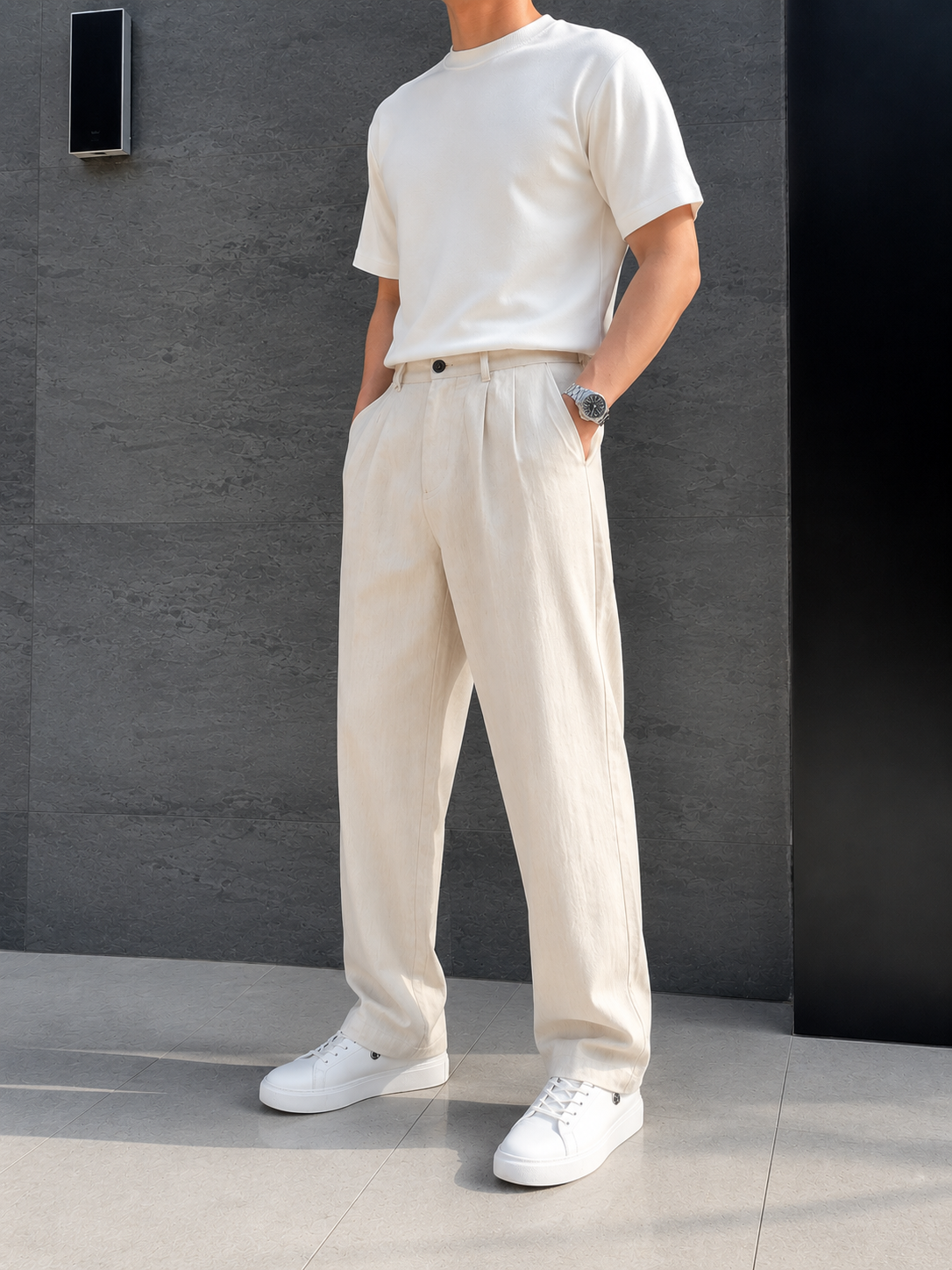 Erkek Baggy Fit Keten Krem Pantolon