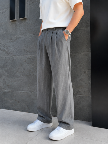 Erkek Baggy Fit Çizgili Gri Kumaş Pantolon