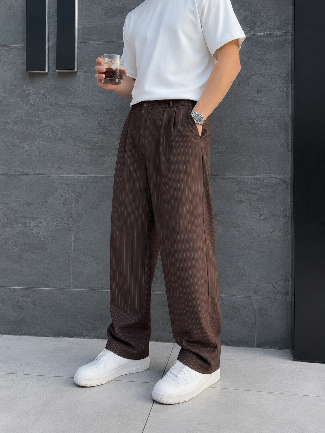 Erkek Baggy Fit Çizgili Kahve Kumaş Pantolon