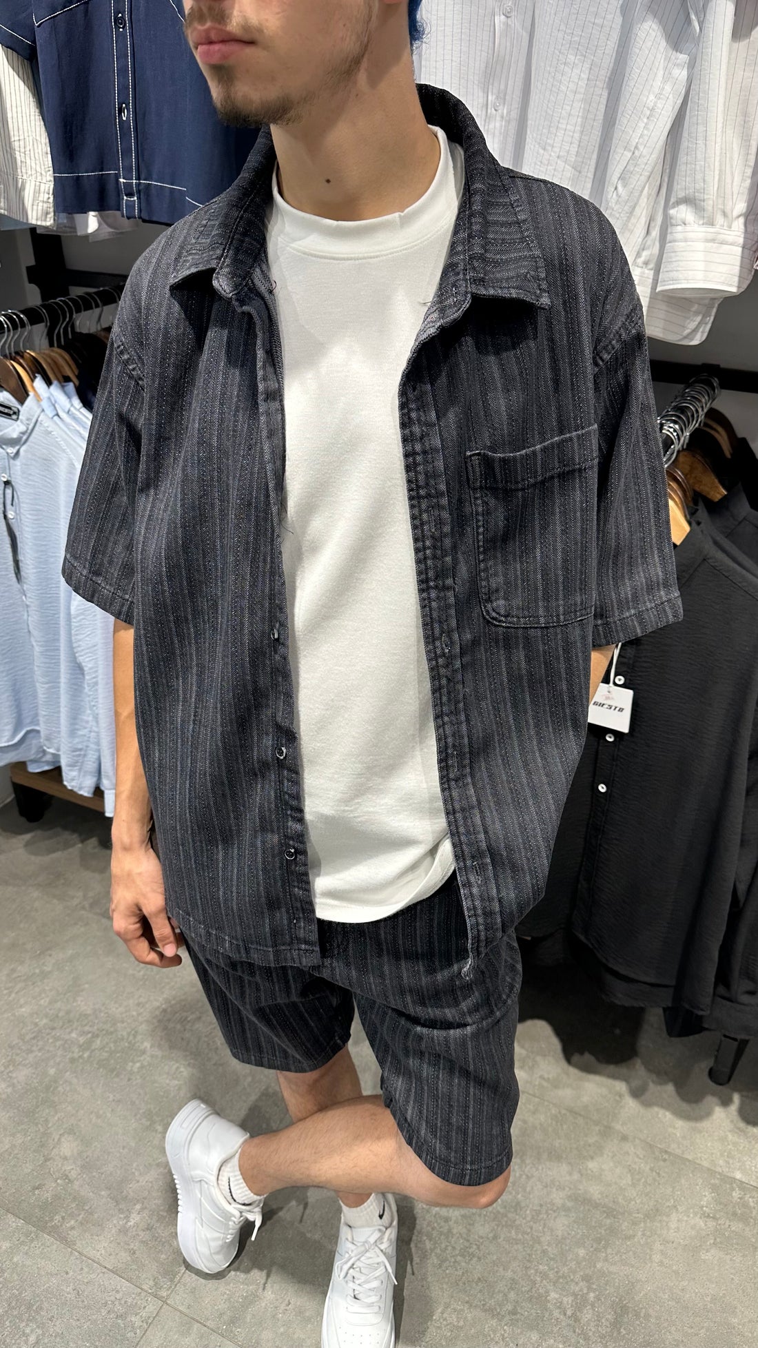Erkek Oversize Çizgili Denim Gömlek Şort Takım - Siyah