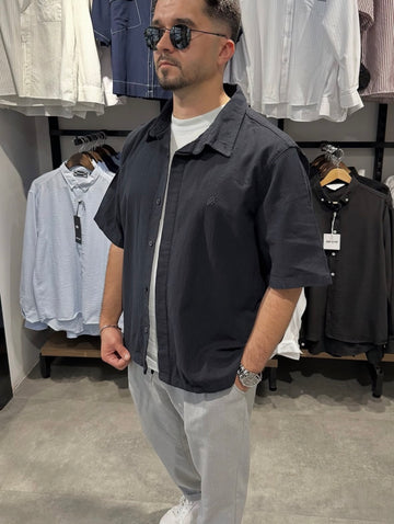 Erkek Oversize Kısa Kol Linen Gömlek Modeli - Siyah