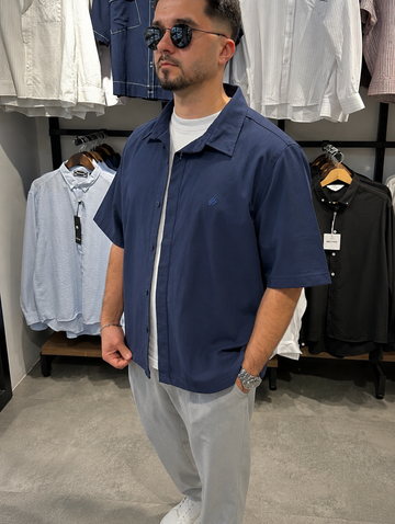 Erkek Oversize Kısa Kol Linen Gömlek Modeli - İndigo Mavi