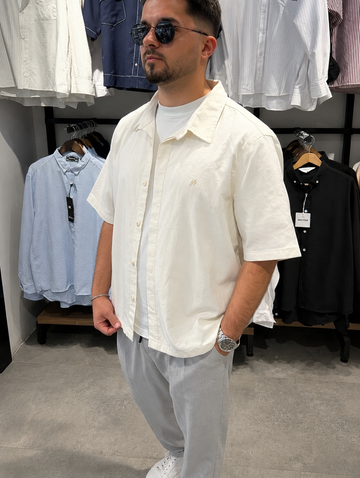 Erkek Oversize Kısa Kol Linen Gömlek Modeli - Beyaz