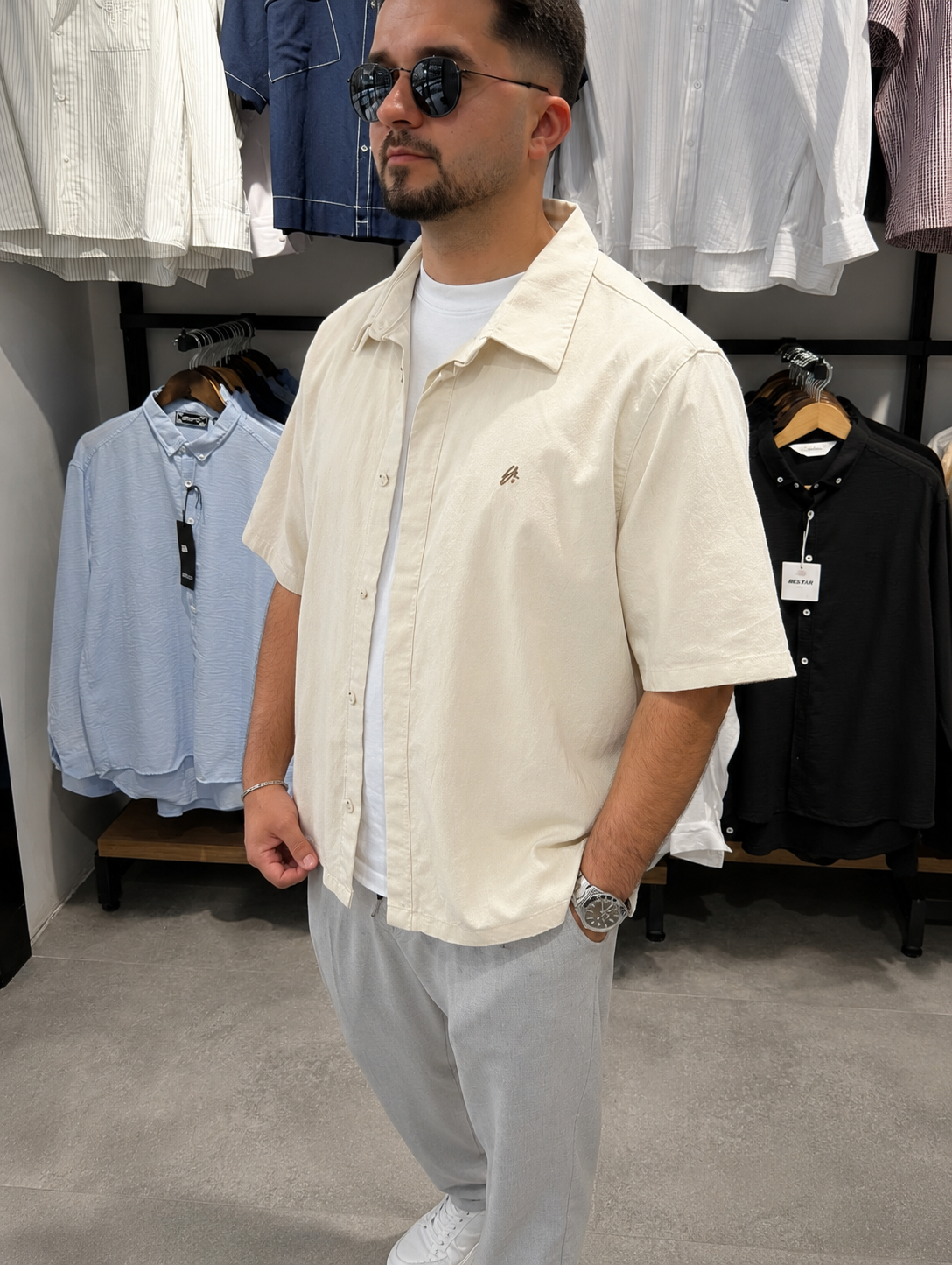 Erkek Oversize Kısa Kol Linen Gömlek Modeli - Bej