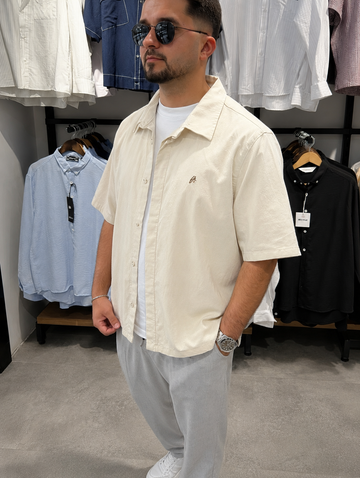 Erkek Oversize Kısa Kol Linen Gömlek Modeli - Bej