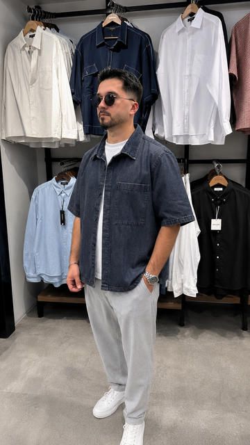 Erkek Oversize Kısa Kol Kot Gömlek Modeli - Petrol Mavisi