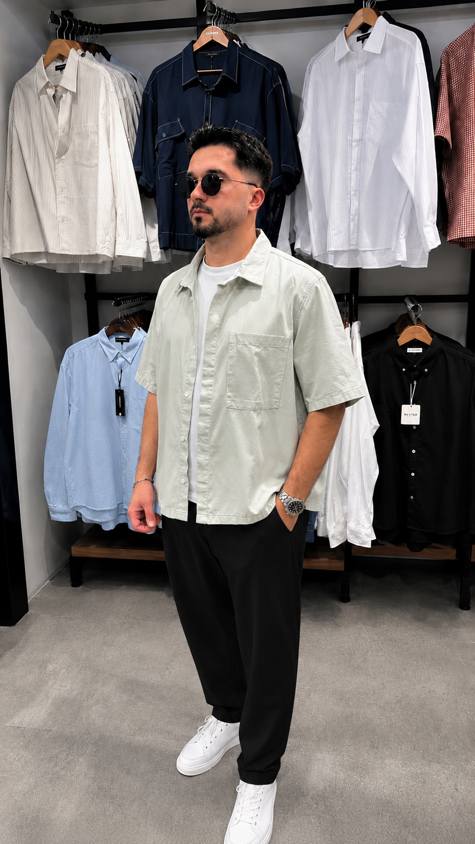 Erkek Oversize Kısa Kol Gabardin Gömlek Modeli - Çağla Yeşil