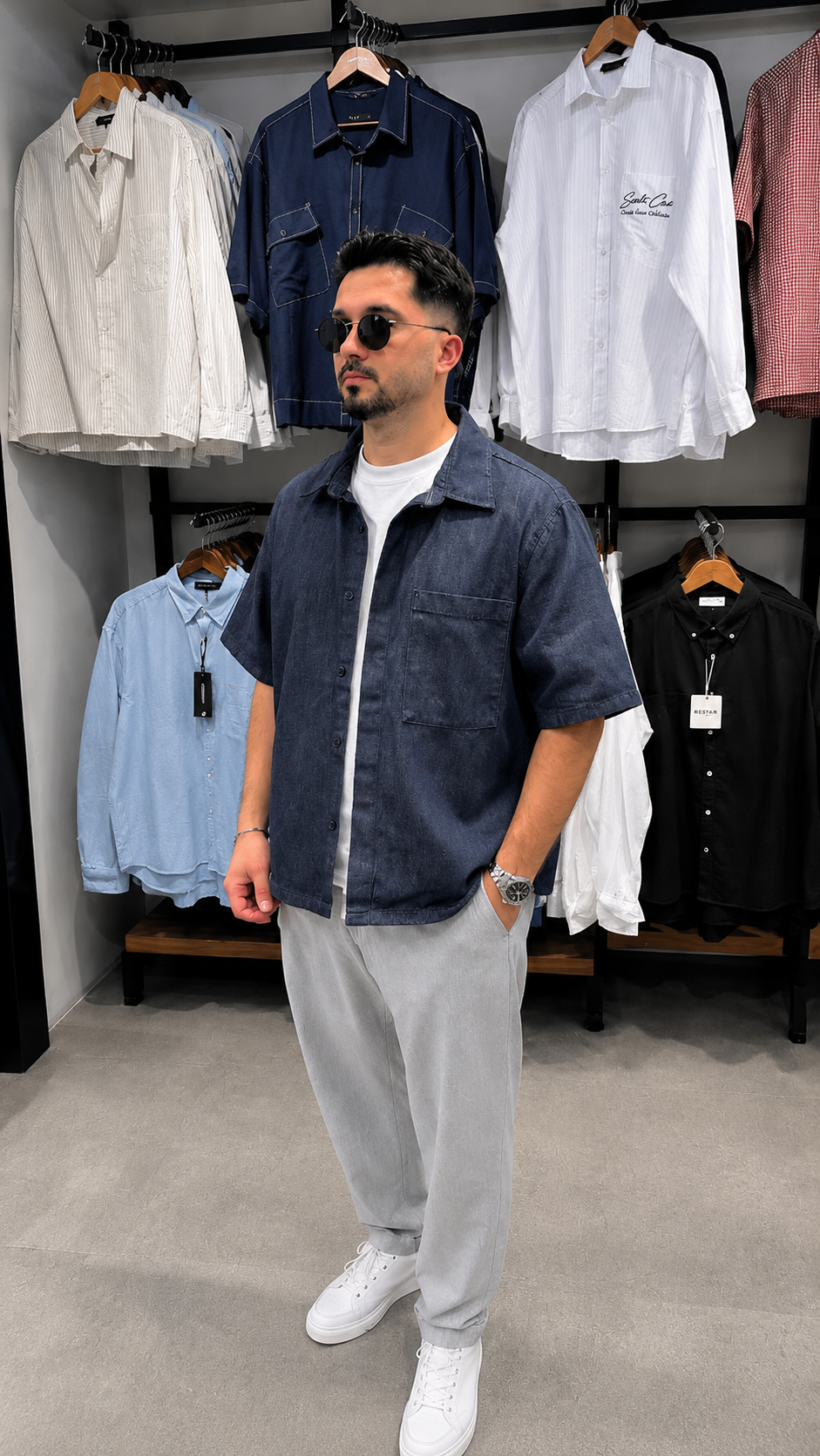 Erkek Oversize Kısa Kol Kot Gömlek Modeli - Lacivert