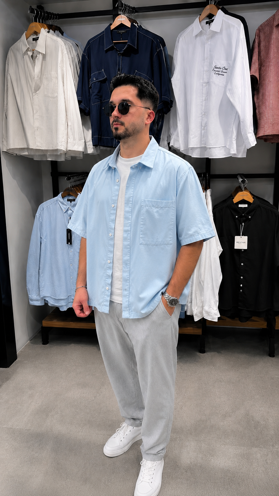 Erkek Oversize Kısa Kol Gabardin Gömlek Modeli - Bebe Mavi