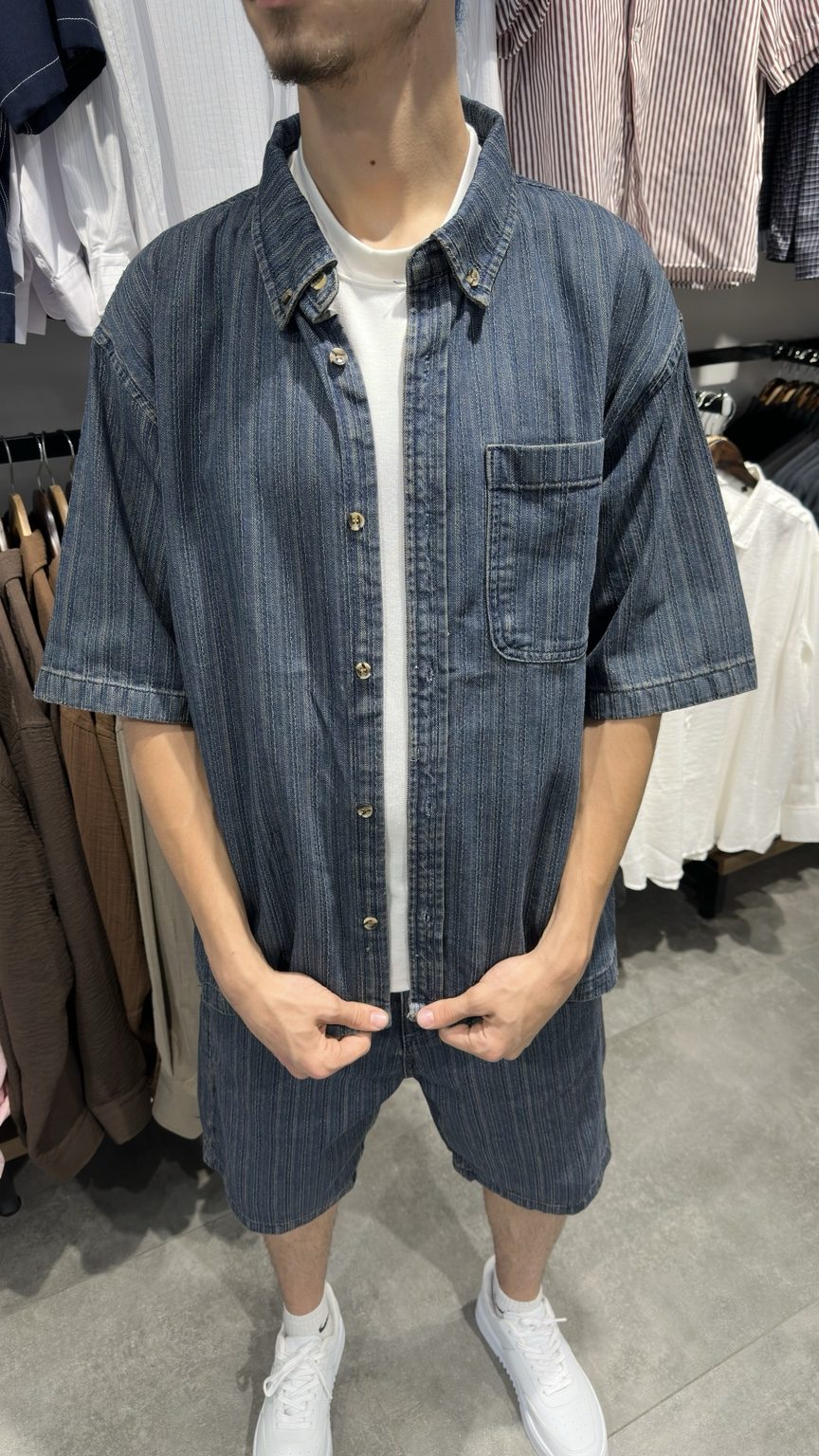 Erkek Oversize Çizgili Denim Gömlek Şort Takım - Lacivert