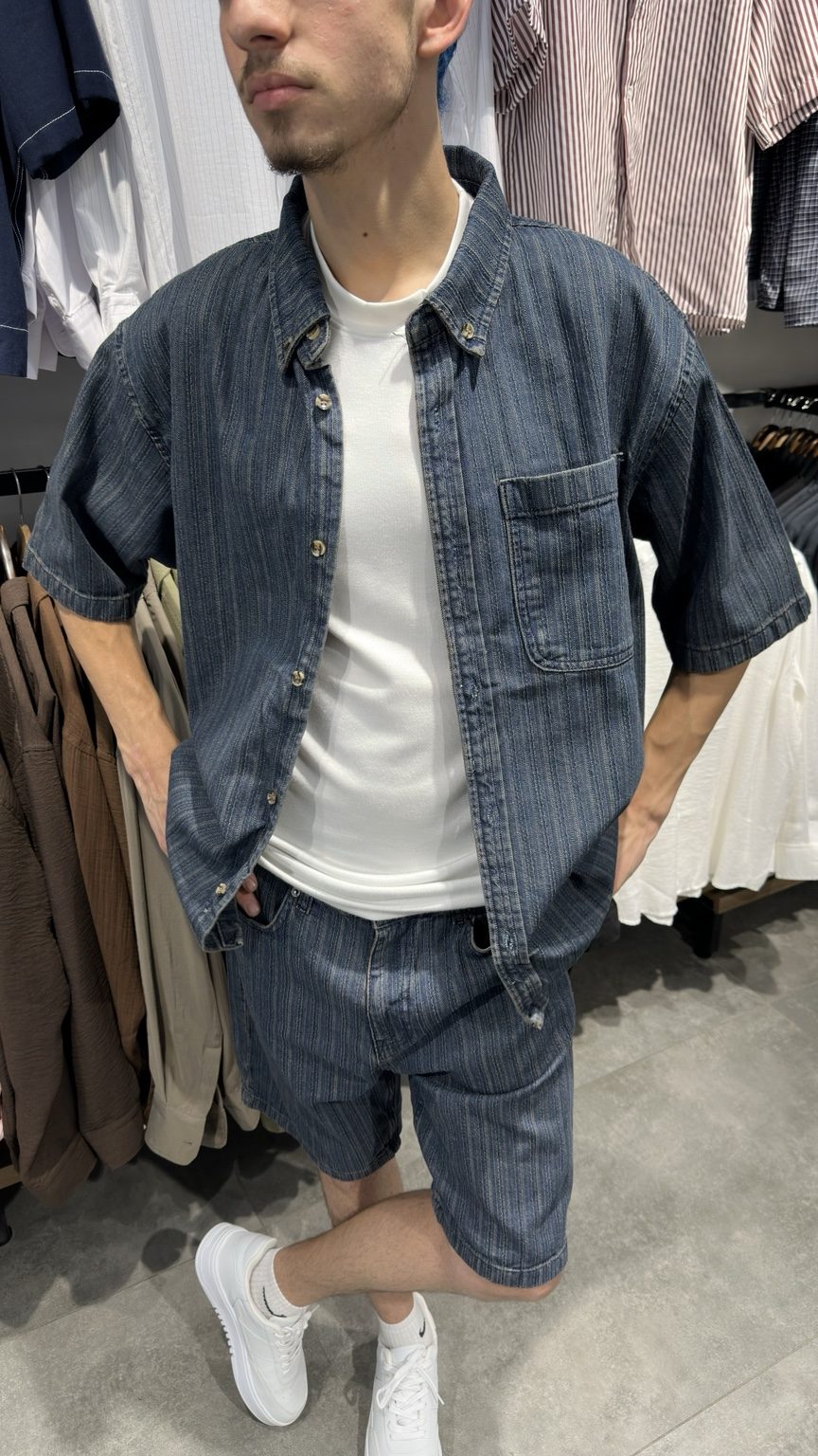 Erkek Oversize Çizgili Denim Gömlek Şort Takım - Lacivert