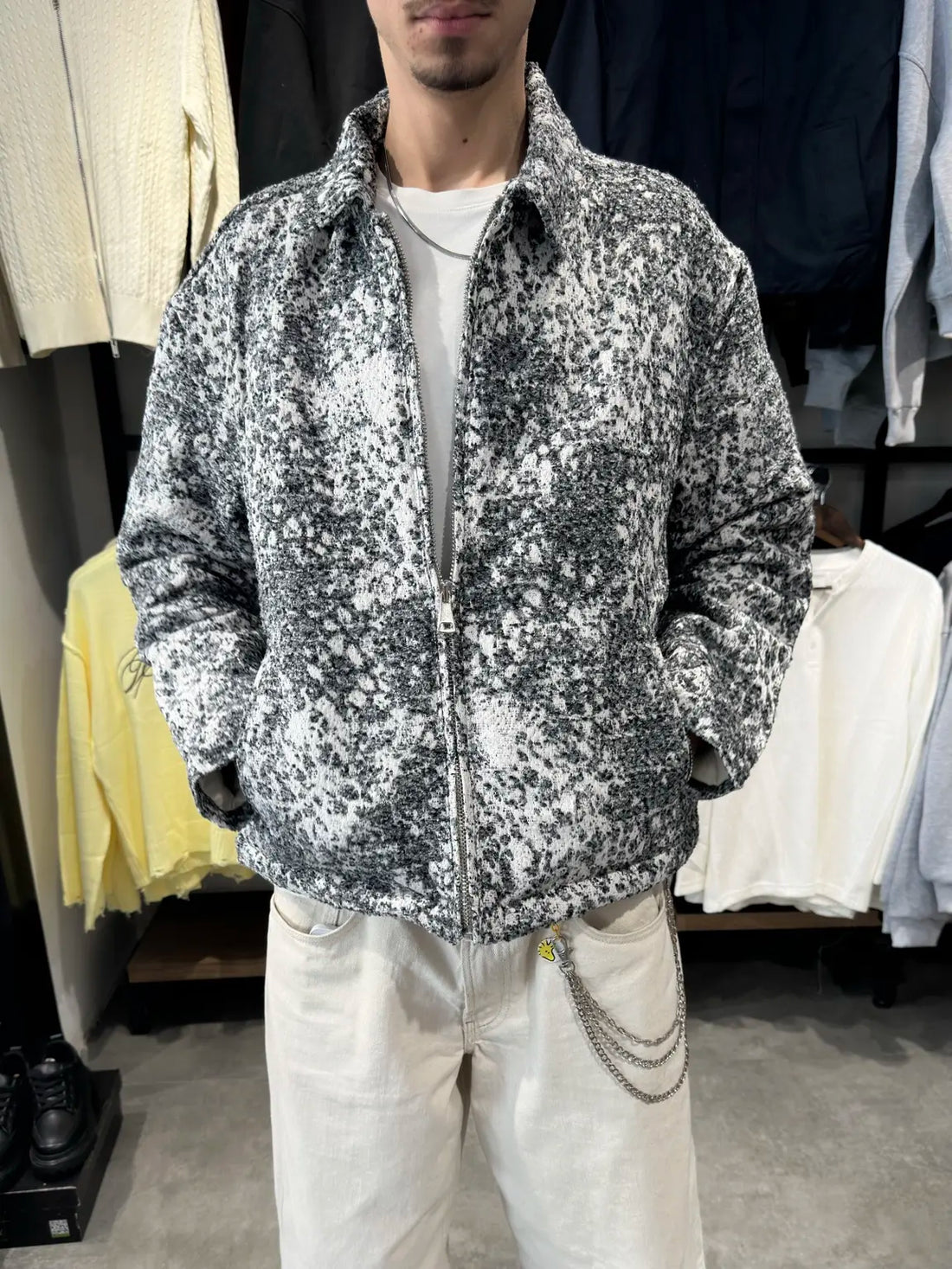 Açık gri premium dokulu hasır oversize mont ön görünüm