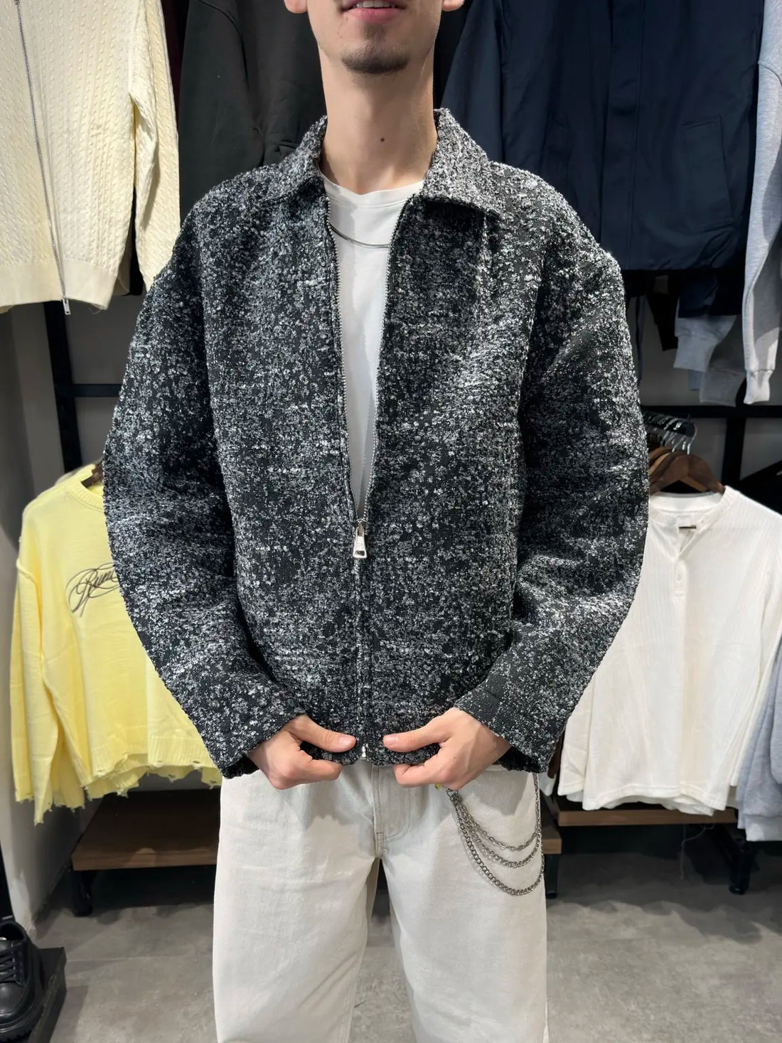 Antrasit premium dokulu hasır oversize mont ön görünüm