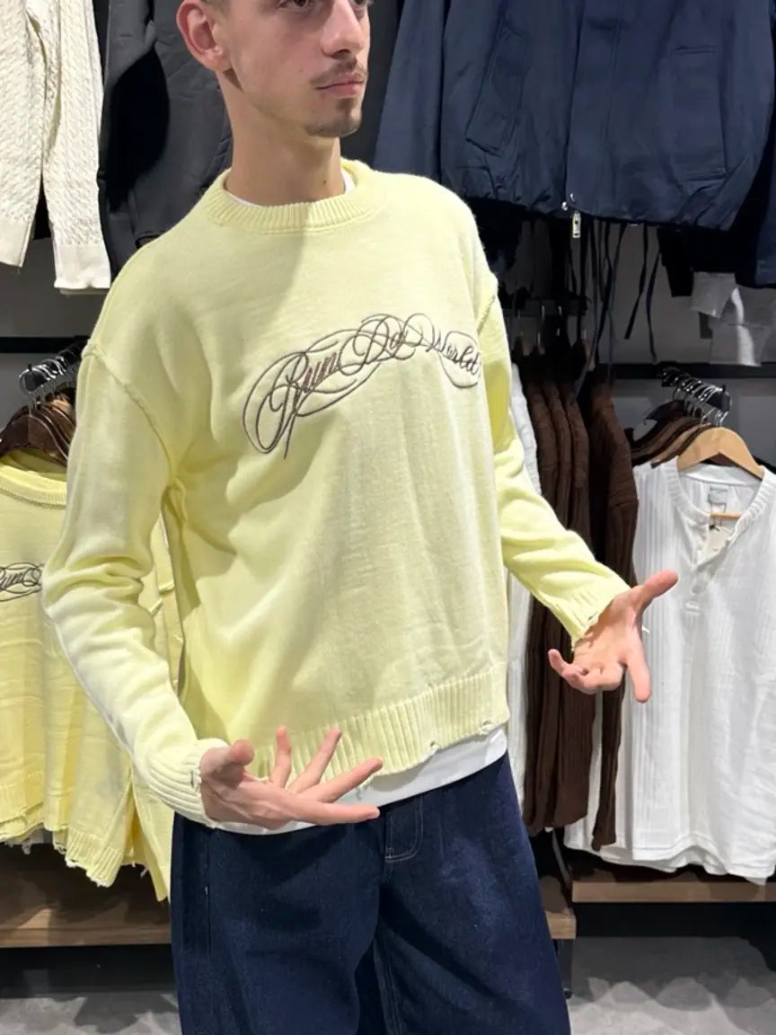 Sarı Run Da World nakışlı boxy fit triko kazak alternatif görünüm