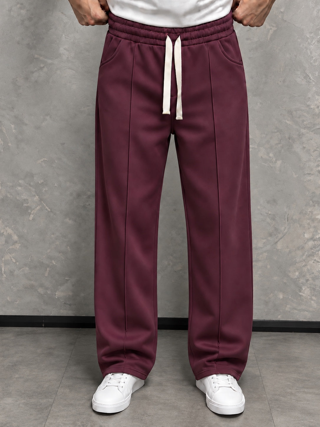 Bordo çıma detaylı baggy eşofman altı önden görünüm