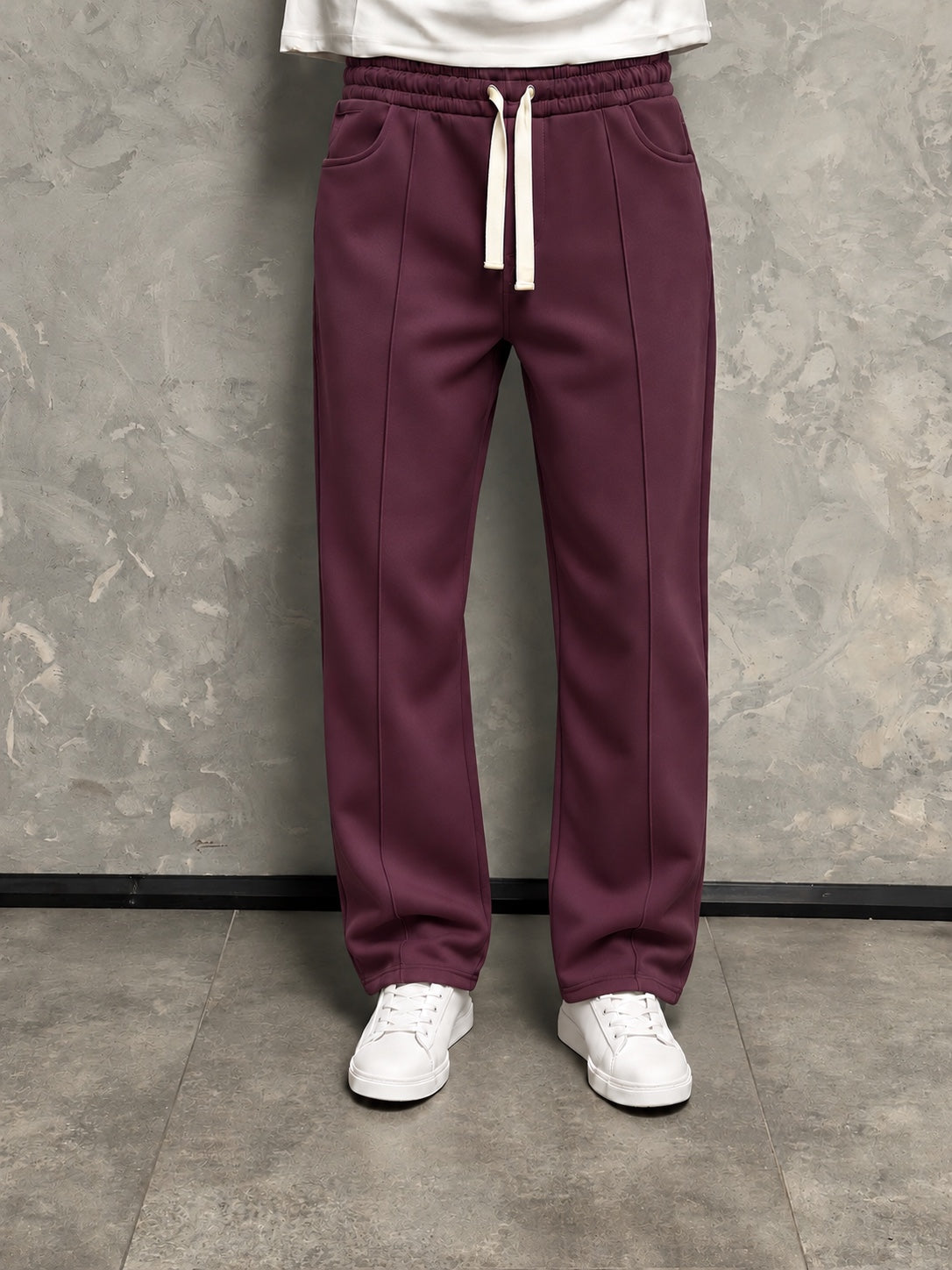 Bordo çıma detaylı baggy eşofman altı önden görünüm