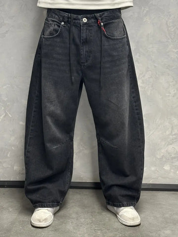 GRJ Erkek Eskitme Siyah Balon Fit Baggy Jeans ön görünüm