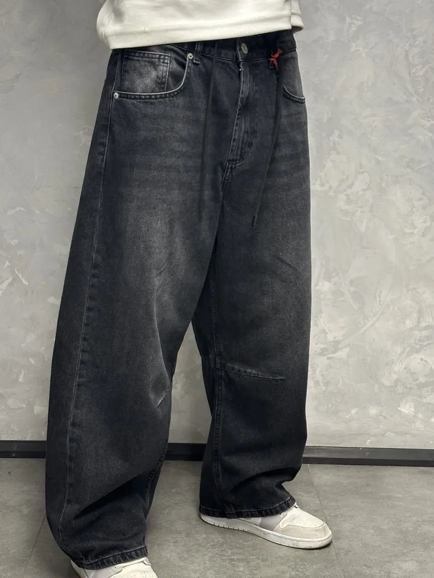 GRJ Erkek Eskitme Siyah Balon Fit Baggy Jeans yan görünüm