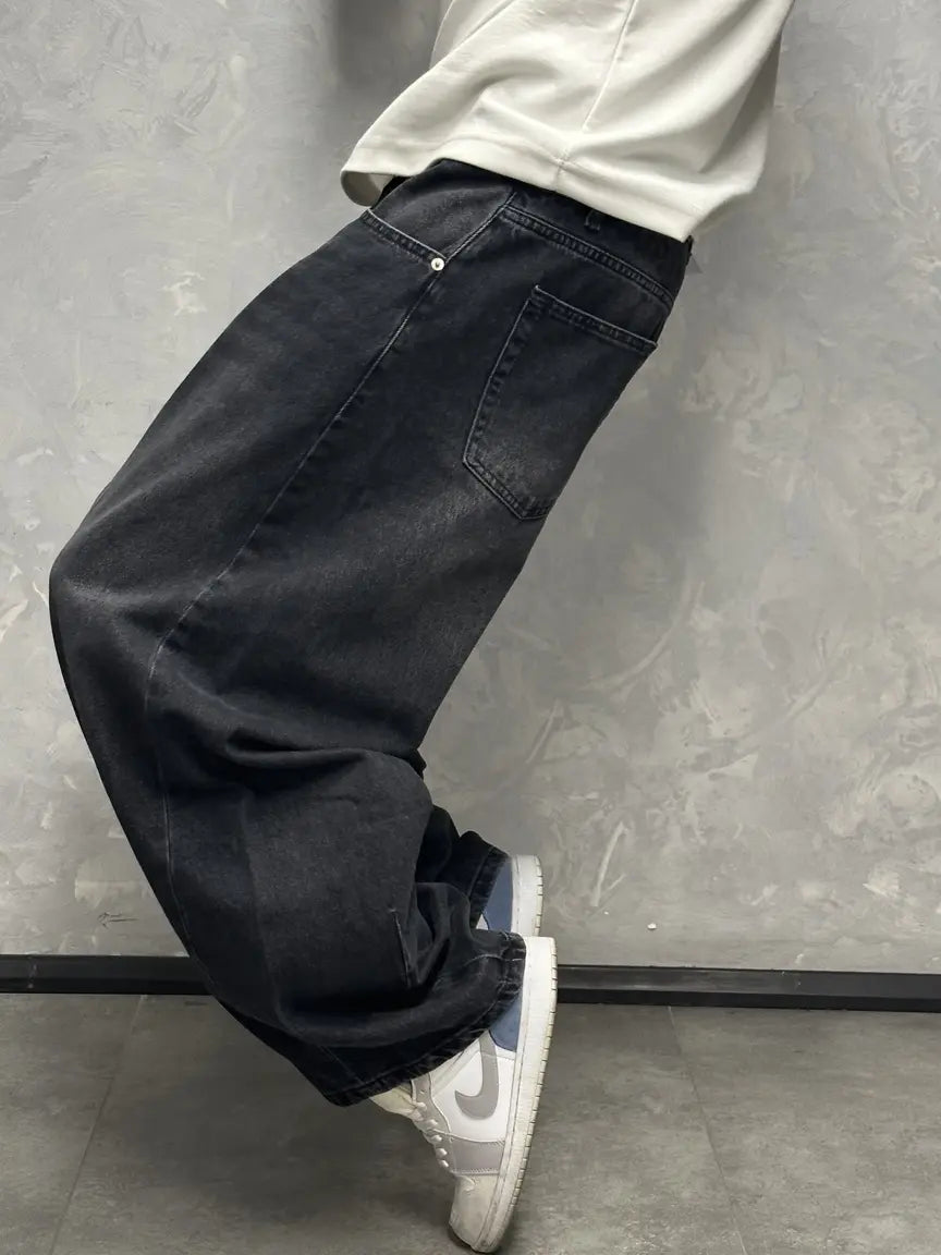 GRJ Erkek Eskitme Siyah Balon Fit Baggy Jeans arka görünüm