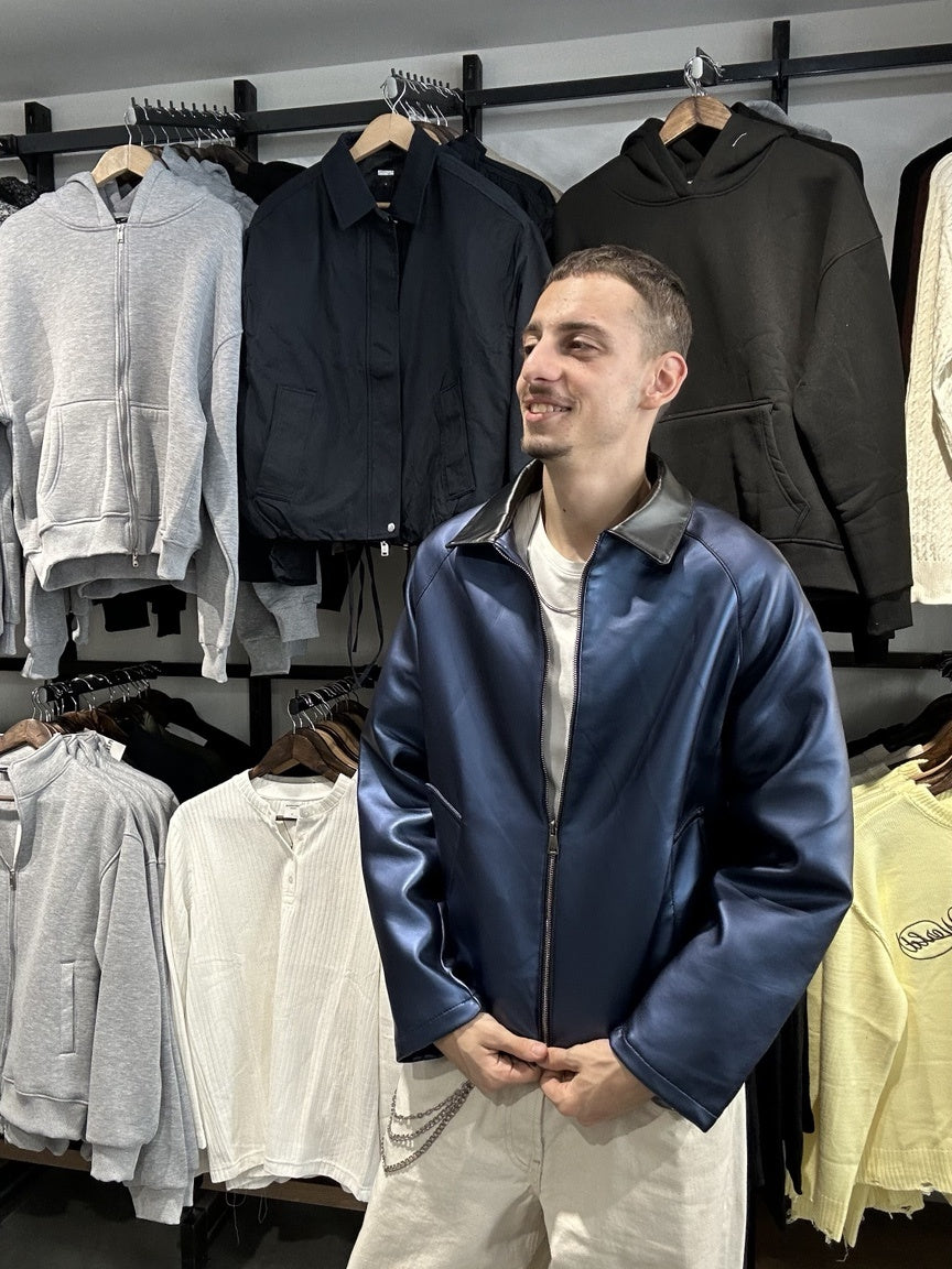 Erkek lacivert oversize bomber suni deri ceket ön görünüm