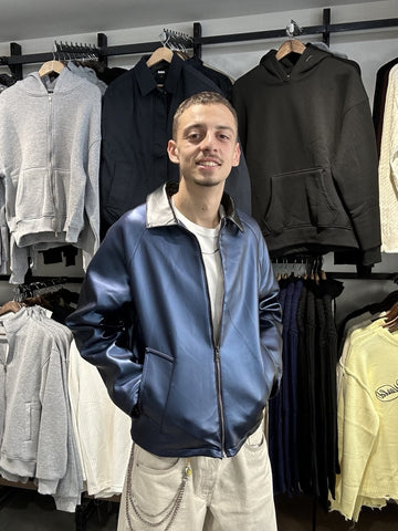 Erkek lacivert oversize bomber suni deri ceket alternatif görünüm