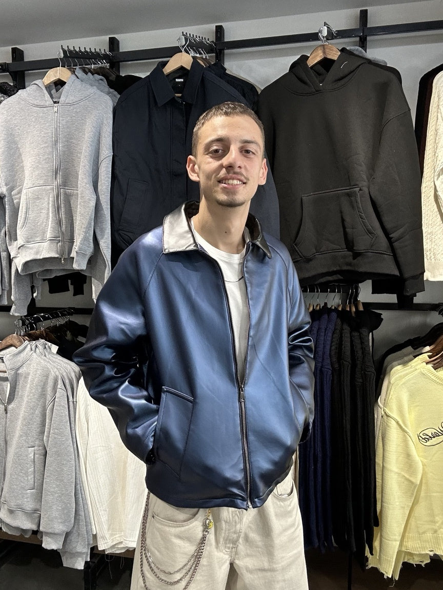 Erkek lacivert oversize bomber suni deri ceket alternatif görünüm